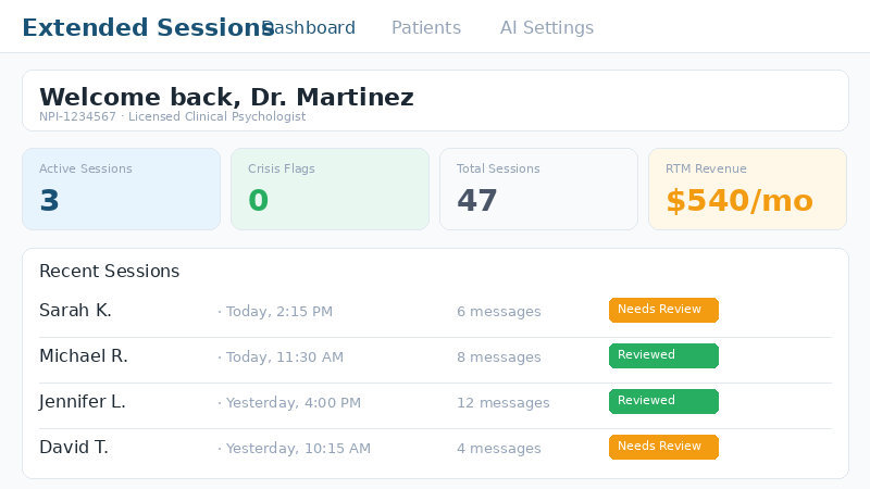 Extended Sessions therapist dashboard